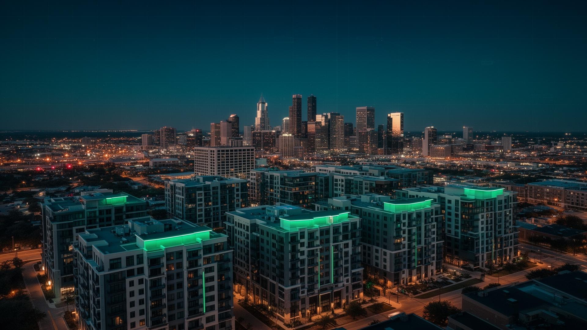 Dallas-Fort Worth skyline at twilight with apartment communities